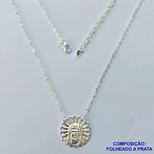 GARGANTILHA FOLHEADO A PRATA COM 50 MILÉSIMOS + VERNIZ DIAMOND - GARGANTILHA CORRENTE CADEADO 45CM COM PINGENTE JESUS CRISTO 17MM PRA055