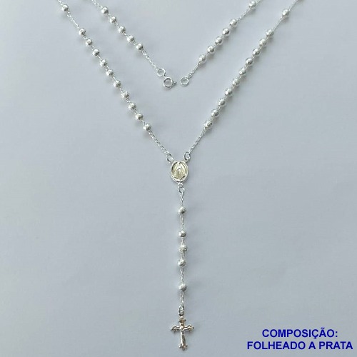 TERÇO FOLHEADO A PRATA COM 50 MILÉSIMOS + VERNIZ DIAMOND - TERÇO CORRENTE 42CM COM BOLINHAS BRILHANTES PINGENTE NOSSA SENHORA APARECIDA E CRUCIFIXO 8MM PRA056