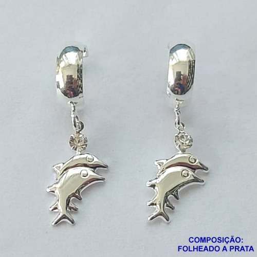 BRINCO FOLHEADO A PRATA COM 50 MILÉSIMOS + VERNIZ DIAMOND - BRINCO ARGOLA COM STRASS E PINGENTE DE GOLFINHOS 12MM PRA057