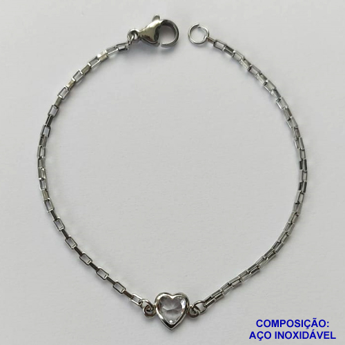 PULSEIRA EM AÇO INOXIDÁVEL - (ACO1012) PULSEIRA TIJOLINHO COM PINGENTE CORAÇÃO EM ZIRCÔNIA CRISTAL 7MM - TAMANHO 18CM - FECHO LAGOSTA - COMPOSIÇÃO: AÇO INOXIDÁVEL - AÇO1446