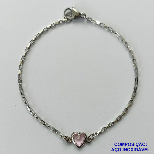PULSEIRA EM AÇO INOXIDÁVEL - (ACO1012) PULSEIRA TIJOLINHO COM PINGENTE CORAÇÃO EM ZIRCÔNIA ROSA 7MM - TAMANHO 18CM - FECHO LAGOSTA - COMPOSIÇÃO: AÇO INOXIDÁVEL - AÇO1447