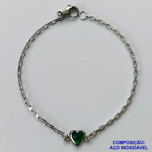 PULSEIRA EM AÇO INOXIDÁVEL - (ACO1012) PULSEIRA TIJOLINHO COM PINGENTE CORAÇÃO EM ZIRCÔNIA VERDE 7MM - TAMANHO 18CM - FECHO LAGOSTA - COMPOSIÇÃO: AÇO INOXIDÁVEL - AÇO1448