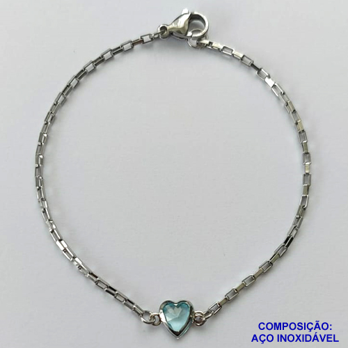 PULSEIRA EM AÇO INOXIDÁVEL - (ACO1012) PULSEIRA TIJOLINHO COM PINGENTE CORAÇÃO EM ZIRCÔNIA AZUL 7MM - TAMANHO 18CM - FECHO LAGOSTA - COMPOSIÇÃO: AÇO INOXIDÁVEL - AÇO1449