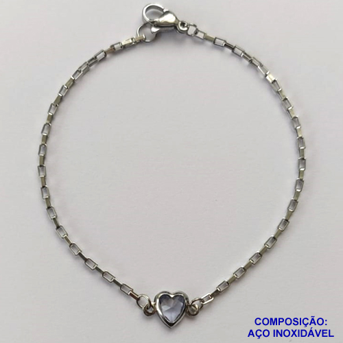 PULSEIRA EM AÇO INOXIDÁVEL - (ACO1012) PULSEIRA TIJOLINHO COM PINGENTE CORAÇÃO EM ZIRCÔNIA LILÁS 7MM - TAMANHO 18CM - FECHO LAGOSTA - COMPOSIÇÃO: AÇO INOXIDÁVEL - AÇO1465