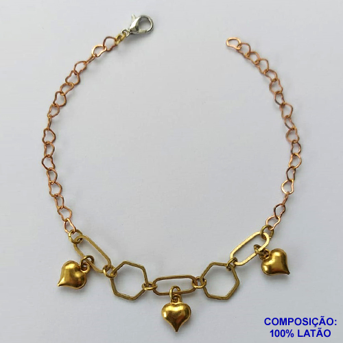 PULSEIRA NO BRUTO PRONTO PARA O BANHO(CX90) - PULSEIRA COM CORAÇÕES E PINGENTES VAZADOS - TAMANHO 18CM - PESO 2,5GR - FECHO LAGOSTA - BRU13567