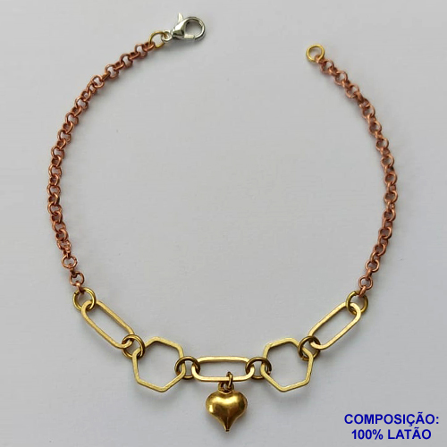 PULSEIRA NO BRUTO PRONTO PARA O BANHO(CX90) - PULSEIRA COM CORAÇÃO E PINGENTES VAZADOS - TAMANHO 18CM - PESO 2,9GR - FECHO LAGOSTA - BRU13568