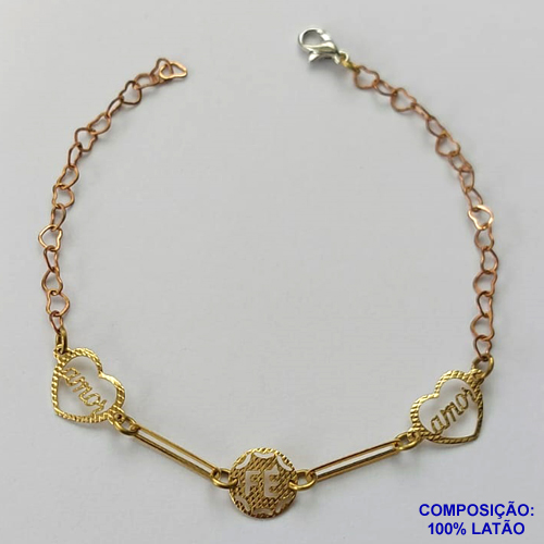 PULSEIRA NO BRUTO PRONTO PARA O BANHO(CX88) - PULSEIRA COM CORAÇÃO VAZADO PALAVRA AMOR E FE - TAMANHO 18CM - PESO 1,8GR - FECHO LAGOSTA - BRU13569