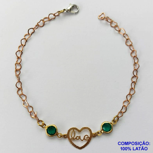 PULSEIRA NO BRUTO PRONTO PARA O BANHO(CX90) - PULSEIRA COM CORAÇÃO VAZADO PALAVRA LOVE - TAMANHO 18CM - PESO 1,8GR - FECHO LAGOSTA - BRU13570