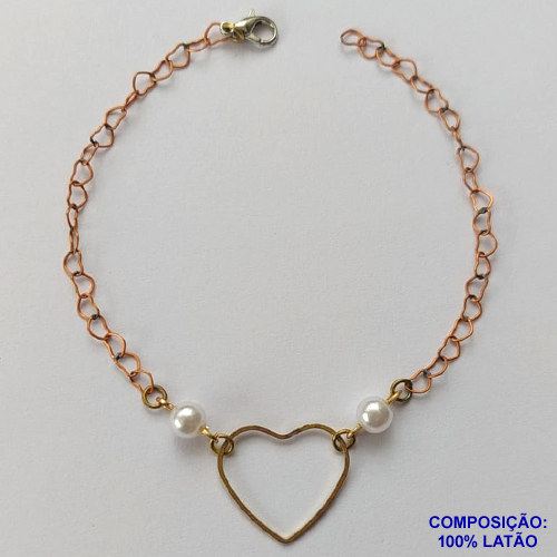 PULSEIRA NO BRUTO PRONTO PARA O BANHO(CX90) - PULSEIRA COM PÉROLAS E PINGENTE CORAÇÃO VAZADO - TAMANHO 18CM - PESO 1,6GR - FECHO LAGOSTA - BRU13576