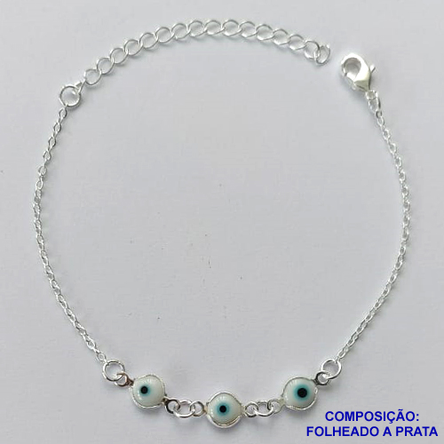 PULSEIRA FOLHEADA A PRATA COM 50 MILÉSIMOS + VERNIZ DIAMOND - PULSEIRA COM OLHOS GREGOS - TAMANHO: 16CM + EXTENSOR E FECHO LAGOSTA PRA058