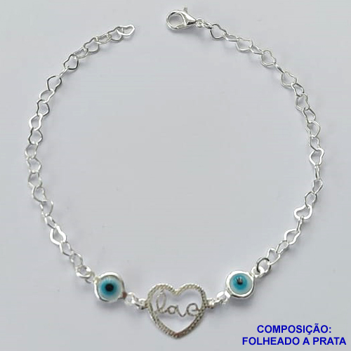 PULSEIRA FOLHEADA A PRATA COM 50 MILÉSIMOS + VERNIZ DIAMOND - PULSEIRA COM OLHOS GREGOS E CORAÇÃO VAZADO PALAVRA LOVE - TAMANHO: 20CM E FECHO LAGOSTA PRA059
