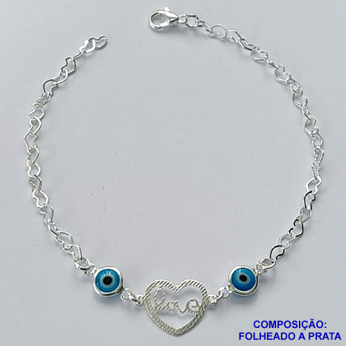 PULSEIRA FOLHEADA A PRATA COM 50 MILÉSIMOS + VERNIZ DIAMOND - PULSEIRA COM OLHOS GREGOS E CORAÇÃO VAZADO PALAVRA LOVE- TAMANHO: 20CM E FECHO LAGOSTA PRA061