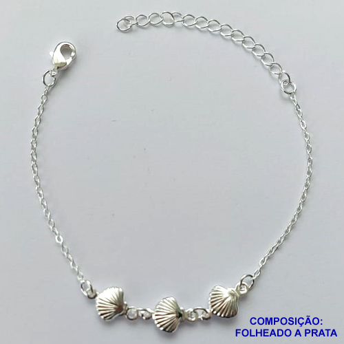 PULSEIRA FOLHEADA A PRATA COM 50 MILÉSIMOS + VERNIZ DIAMOND - PULSEIRA COM CONCHAS - TAMANHO: 16CM + EXTENSOR E FECHO LAGOSTA PRA062