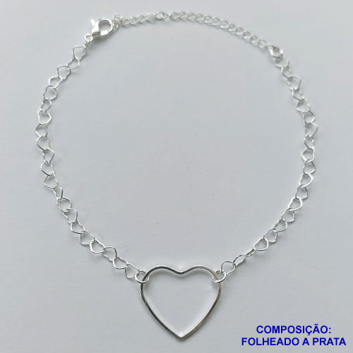 PULSEIRA FOLHEADA A PRATA COM 50 MILÉSIMOS + VERNIZ DIAMOND - PULSEIRA COM CORAÇÃO VAZADO - TAMANHO: 18CM + EXTENSOR E FECHO LAGOSTA PRA063