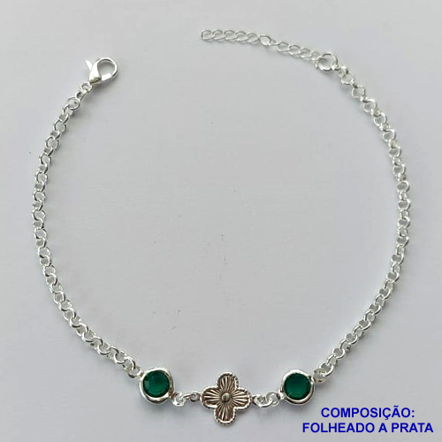 PULSEIRA FOLHEADA A PRATA COM 50 MILÉSIMOS + VERNIZ DIAMOND - PULSEIRA COM STRASS VERDES E PINGENTE TIPO VAN CLEFF - TAMANHO: 18CM + EXTENSOR E FECHO LAGOSTA PRA064