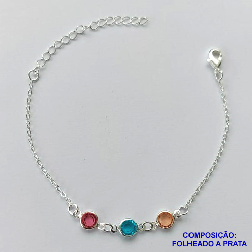 PULSEIRA FOLHEADA A PRATA COM 50 MILÉSIMOS + VERNIZ DIAMOND - PULSEIRA COM STRASS COLORIDOS - TAMANHO: 16CM + EXTENSOR E FECHO LAGOSTA PRA065