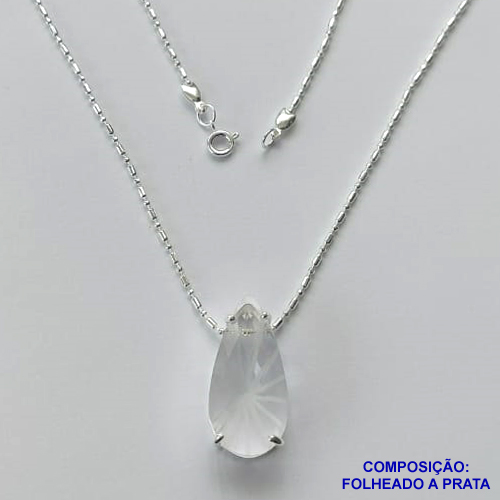 GARGANTILHA FOLHEADA A PRATA COM 50 MILÉSIMOS + VERNIZ DIAMOND - GARGANTILHA COM CORRENTE BOLINHAS E PINGENTE ZIRCÔNIA CRISTAL RISCADA 14X28MM  - TAMANHO: 45CM E FECHO REDONDO PRA066