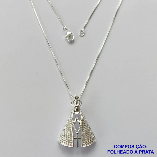 GARGANTILHA FOLHEADA A PRATA COM 50 MILÉSIMOS + VERNIZ DIAMOND - GARGANTILHA COM CORRENTE VENEZIANA E PINGENTE NOSSA SRA APARECIDA CRAVEJADA EM MICROS ZIRCÔNIAS 21X30MM - TAMANHO: 45CM E FECHO LAGOSTA PRA067