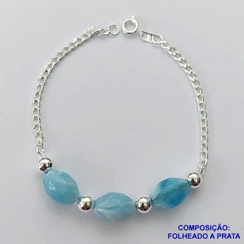 PULSEIRA FOLHEADA A PRATA COM 50 MILÉSIMOS + VERNIZ DIAMOND - PULSEIRA COM PEDRAS AZUÍS - TAMANHO: 18CM PRA070