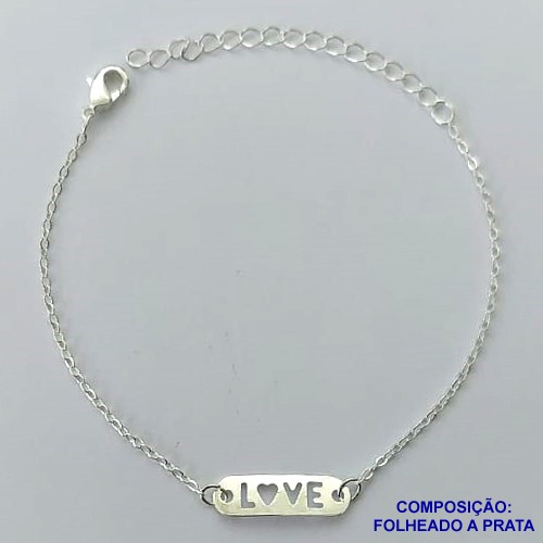 PULSEIRA FOLHEADA A PRATA COM 50 MILÉSIMOS + VERNIZ DIAMOND - PULSEIRA COM PLACA LOVE - TAMANHO: 15CM + EXTENSOR FECHO LAGOSTA PRA071