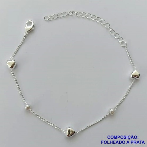 PULSEIRA FOLHEADA A PRATA COM 50 MILÉSIMOS + VERNIZ DIAMOND - PULSEIRA COM CORAÇÕES E PÉROLAS - TAMANHO: 15CM + EXTENSOR E  FECHO LAGOSTA PRA072