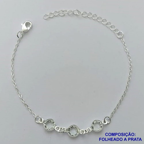 PULSEIRA FOLHEADA A PRATA COM 50 MILÉSIMOS + VERNIZ DIAMOND - PULSEIRA COM PEDRAS CRISTAIS - TAMANHO: 15CM + EXTENSOR E FECHO LAGOSTA PRA073
