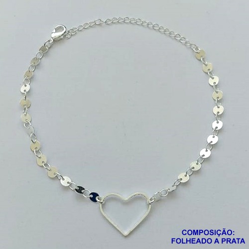 PULSEIRA FOLHEADA A PRATA COM 50 MILÉSIMOS + VERNIZ DIAMOND - PULSEIRA COM CORAÇÃO VAZADO 17MM E BOLINHAS LISAS - TAMANHO: 17CM + EXTENSOR E FECHO LAGOSTA PRA076