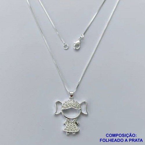 GARGANTILHA FOLHEADA A PRATA COM 50 MILÉSIMOS + VERNIZ DIAMOND - GARGANTILHA CORRENTE VENEZIANA 45CM PINGENTE MENINA COM MICRO ZIRCÔNIAS CRISTAL 24X26MM E FECHO LAGOSTA PRA078