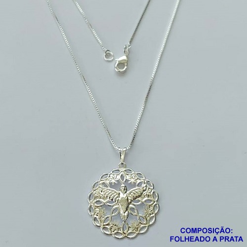 GARGANTILHA FOLHEADA A PRATA COM 50 MILÉSIMOS + VERNIZ DIAMOND - GARGANTILHA CORRENTE VENEZIANA 45CM PINGENTE ESPÍRITO SANTO 26MM E FECHO LAGOSTA PRA081