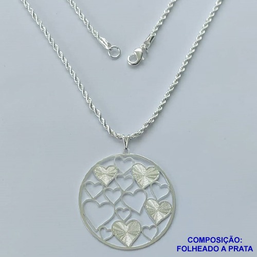 GARGANTILHA FOLHEADA A PRATA COM 50 MILÉSIMOS + VERNIZ DIAMOND - GARGANTILHA CORDÃO BAIANO 50CM E PINGENTE CORAÇÕES 40MM E FECHO LAGOSTA PRA083