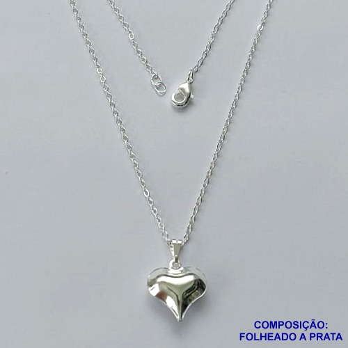 GARGANTILHA FOLHEADA A PRATA COM 50 MILÉSIMOS + VERNIZ DIAMOND - GARGANTILHA CORRENTE CADEADO 45CM CORAÇÃO LISO 14MM E FECHO LAGOSTA PRA085