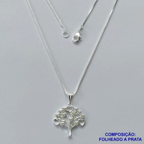 GARGANTILHA FOLHEADA A PRATA COM 50 MILÉSIMOS + VERNIZ DIAMOND - GARGANTILHA CORRENTE VENEZIANA 45CM PINGENTE ARVORE DA VIDA 18MM COM MICRO ZIRCÔNIAS E FECHO LAGOSTA PRA086
