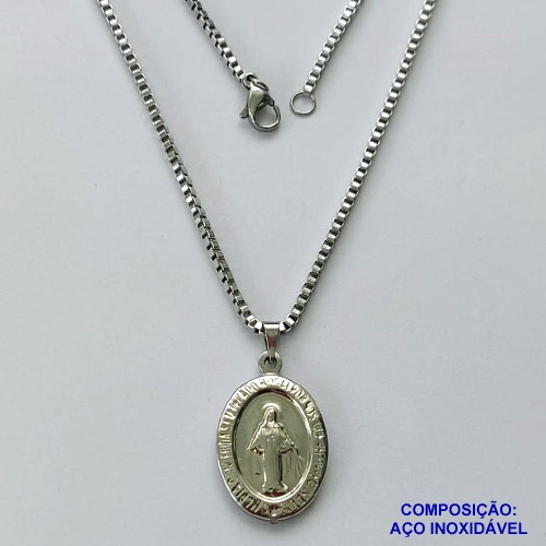 GARGANTILHA EM AÇO INOXIDÁVEL(CX89) - (ACO1035) - GARGANTILHA (1035) PINGENTE NOSSA SENHORA MEDALHA MILAGROSA  17MM(E0945)- TAMANHO 50CM - FECHO LAGOSTA - COMPOSIÇÃO: AÇO INOXIDÁVEL - AÇO1474