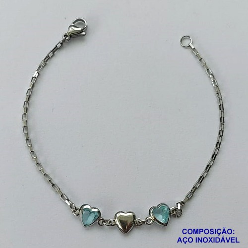 PULSEIRA EM AÇO INOXIDÁVEL - (ACO1012) - PULSEIRA COM CORAÇÃO EM ZIRCÔNIA AZUL - TAMANHO 17CM - FECHO LAGOSTA - COMPOSIÇÃO: AÇO INOXIDÁVEL - AÇO1476