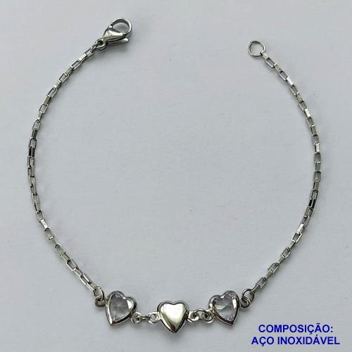 PULSEIRA EM AÇO INOXIDÁVEL - (ACO1012) - PULSEIRA COM CORAÇÃO EM ZIRCÔNIA CRISTAL - TAMANHO 17CM - FECHO LAGOSTA - COMPOSIÇÃO: AÇO INOXIDÁVEL - AÇO1477