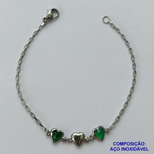 PULSEIRA EM AÇO INOXIDÁVEL - (ACO1012) - PULSEIRA COM CORAÇÃO EM ZIRCÔNIA VERDE - TAMANHO 17CM - FECHO LAGOSTA - COMPOSIÇÃO: AÇO INOXIDÁVEL - AÇO1478