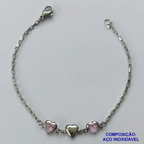 PULSEIRA EM AÇO INOXIDÁVEL - (ACO1012) - PULSEIRA COM CORAÇÃO EM ZIRCÔNIA ROSA - TAMANHO 17CM - FECHO LAGOSTA - COMPOSIÇÃO: AÇO INOXIDÁVEL - AÇO1479