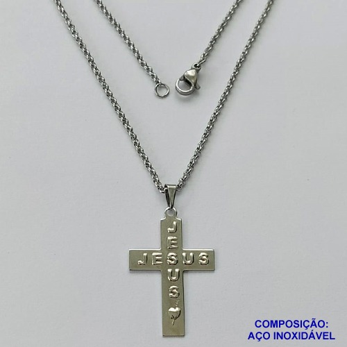 GARGANTILHA EM AÇO INOXIDÁVEL(CX89) - (ACO1035) - GARGANTILHA (1035) PINGENTE CRUCIFIXO ESCRITO JESUS 22X32MM (E0994)- TAMANHO 50CM - FECHO LAGOSTA - COMPOSIÇÃO: AÇO INOXIDÁVEL - AÇO1483