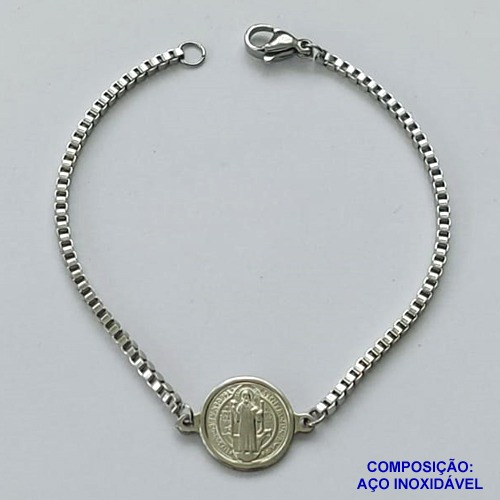 PULSEIRA EM AÇO INOXIDÁVEL  (CX89)- (ACO1035) - PULSEIRA COM MEDALHA SÃO BENTO 12MM (E1168)- TAMANHO 17CM - FECHO LAGOSTA - COMPOSIÇÃO: AÇO INOXIDÁVEL - AÇO1485