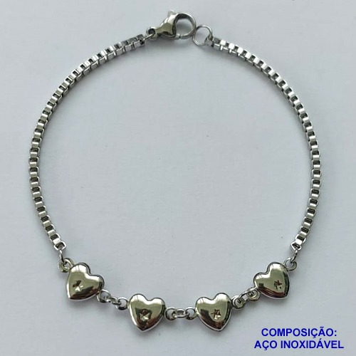 PULSEIRA EM AÇO INOXIDÁVEL  (CX89)- (ACO1035) - PULSEIRA COM CORAÇÕES - TAMANHO 17CM - FECHO LAGOSTA - COMPOSIÇÃO: AÇO INOXIDÁVEL - AÇO1486