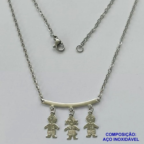GARGANTILHA EM AÇO INOXIDÁVEL - (ACO03C) - GARGANTILHA PINGENTE CANGA 2 MENINOS E 1 MENINA - TAMANHO 45CM - FECHO LAGOSTA - COMPOSIÇÃO: AÇO INOXIDÁVEL - AÇO1487
