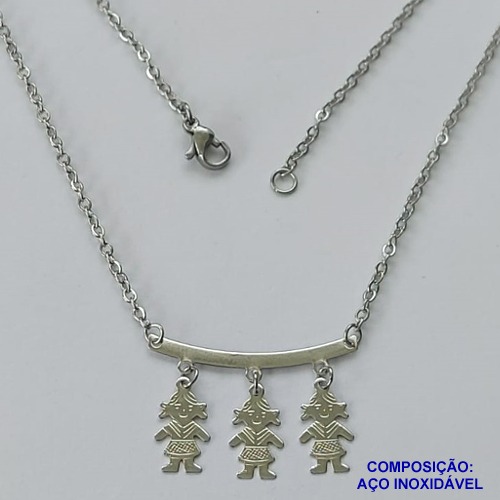 GARGANTILHA EM AÇO INOXIDÁVEL - (ACO03C) - GARGANTILHA PINGENTE CANGA 3 MENINAS - TAMANHO 45CM - FECHO LAGOSTA - COMPOSIÇÃO: AÇO INOXIDÁVEL - AÇO1489