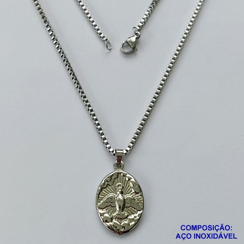 GARGANTILHA EM AÇO INOXIDÁVEL (CX89) - (ACO1035) - GARGANTILHA PINGENTE ESPÍRITO SANTO 17MM(E0945) - TAMANHO 50CM - FECHO LAGOSTA - COMPOSIÇÃO: AÇO INOXIDÁVEL - AÇO1496