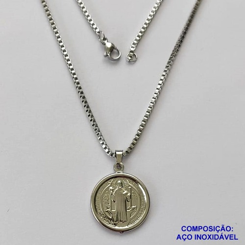 GARGANTILHA EM AÇO INOXIDÁVEL(CX89) - (ACO1035) - GARGANTILHA PINGENTE SÃO BENTO 22MM(E0255) - TAMANHO 50CM - FECHO LAGOSTA - COMPOSIÇÃO: AÇO INOXIDÁVEL - AÇO1498