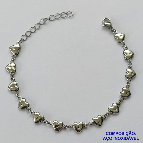 PULSEIRA EM AÇO INOXIDÁVEL (CX89) - PINGENTES CORAÇÕES - TAMANHO - 17CM -  + EXTENSOR COMPOSIÇÃO: AÇO INOXIDÁVEL - AÇO1503