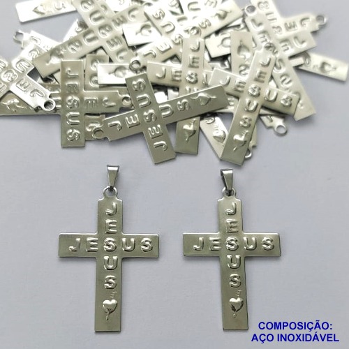 PINGENTE EM AÇO INOXIDÁVEL (CX89) -  GARGANTILHA (E0994) CRUCIFIXO ESCRITO JESUS 22X30MM- COMPOSIÇÃO: AÇO INOXIDÁVEL - AÇO1506