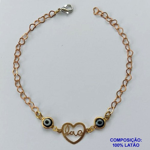 PULSEIRA NO BRUTO PRONTO PARA O BANHO (CX90) - PULSEIRA CORAÇÃO LOVE E OLHOS GREGOS- TAMANHO 18CM - PESO 2,4GR - FECHO LAGOSTA - BRU13580