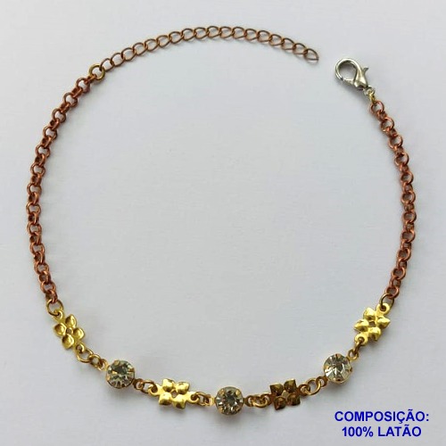 PULSEIRA NO BRUTO PRONTO PARA O BANHO(CX90) - PULSEIRA STRASS E FLORES - TAMANHO 18CM - PESO 3,1GR - FECHO LAGOSTA - BRU13584
