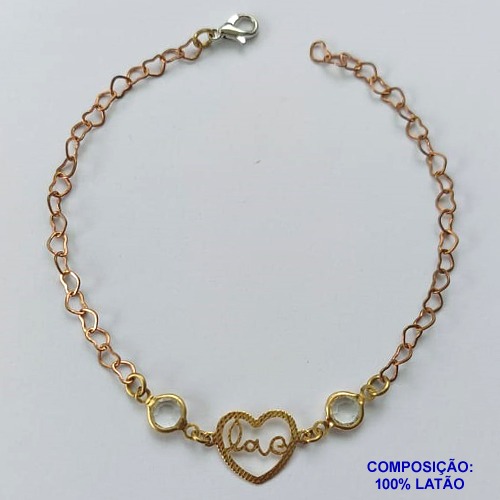 PULSEIRA NO BRUTO PRONTO PARA O BANHO (CX90)- PULSEIRA CORAÇÃO VAZADO ESCRITO LOVE E PEDRA CRISTAL- TAMANHO 18CM - PESO 3,1GR - FECHO LAGOSTA - BRU13585