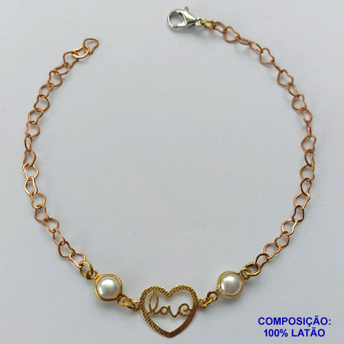 PULSEIRA NO BRUTO PRONTO PARA O BANHO(CX94) - PULSEIRA CORAÇÃO VAZADO LOVE E PÉROLAS - TAMANHO 18CM - PESO 2,4GR - FECHO LAGOSTA - BRU13592